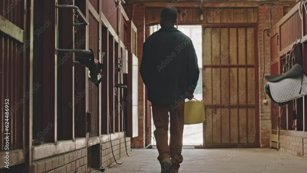 Back view of young African American man walking with bag through horse stable and opening stall gate while working on farm Back view of young African American man walking with bag through horse stable and opening stall gate while working on farm