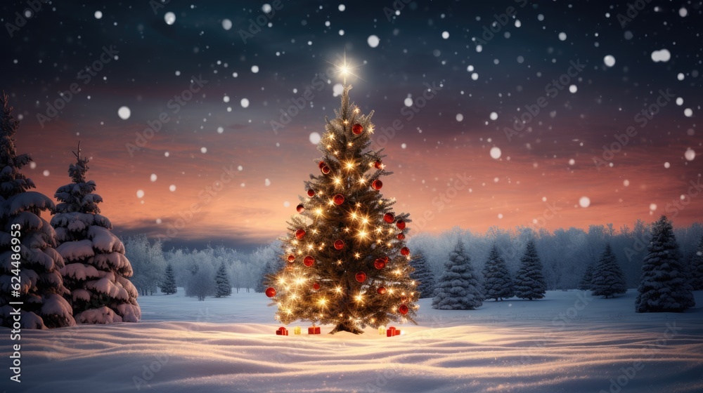 Snowy Christmas scene with a beautifully lit tree
