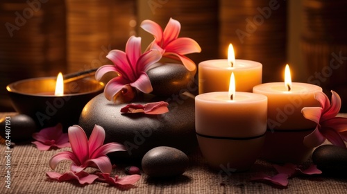 Exotic spa treatment setting with aromatic candles and flowers