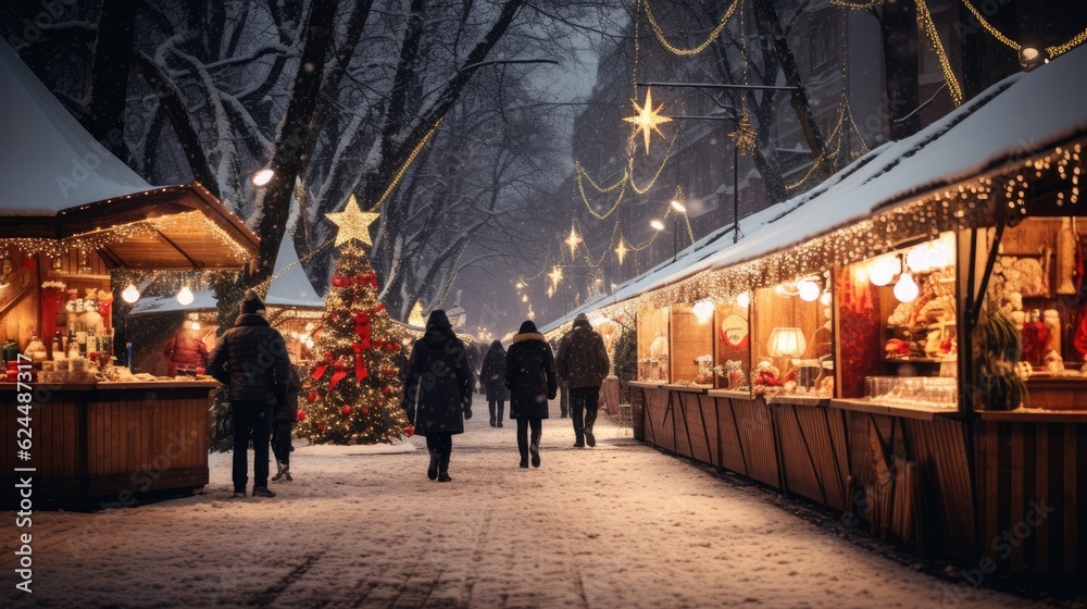 Festive Christmas market under a soft snowfall