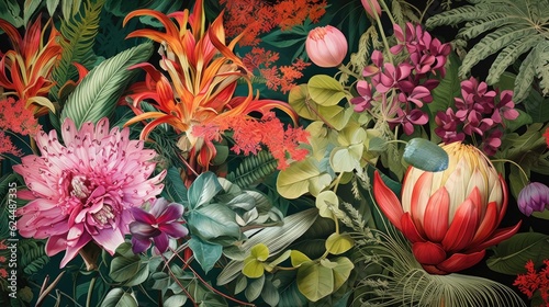 Print op canvas beautiful fantasy design vintage wallpaper tropical botanical flower bunch,vinta