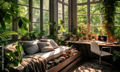 A woman on laptop working surrounded by nature theme