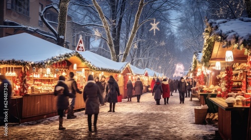 Festive Christmas market under a soft snowfall © Neo