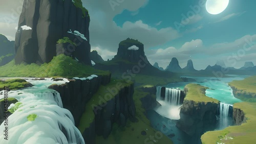 Open landscapes with waterfalls 
Green lands and lakes, 360 Camera view, seamless loop, abstract 3D