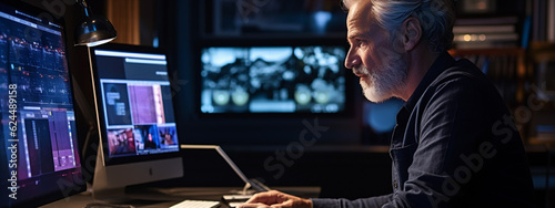 Fotografia Focused older individual in glasses working on computer looking at programming code data