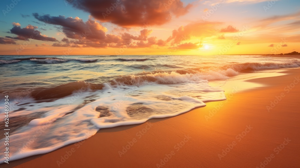 Tranquil beach with golden sands under the sunset