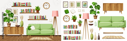 Living room interior design with a sofa, a dresser, books on bookshelves, a floor lamp, and a monstera in a pot. Furniture set. Interior constructor. Cartoon vector illustration