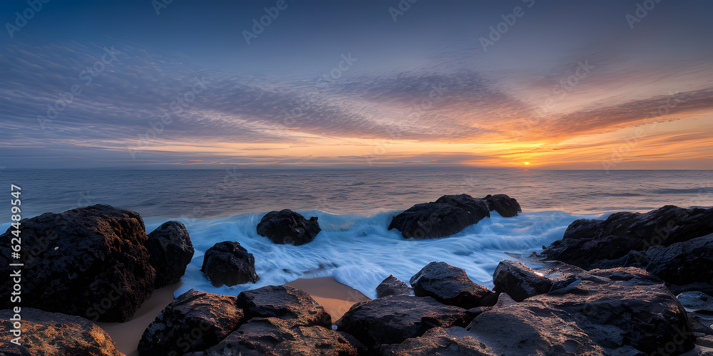 Magical sunset summer landscape on the beach with scenic rocks in the foreground