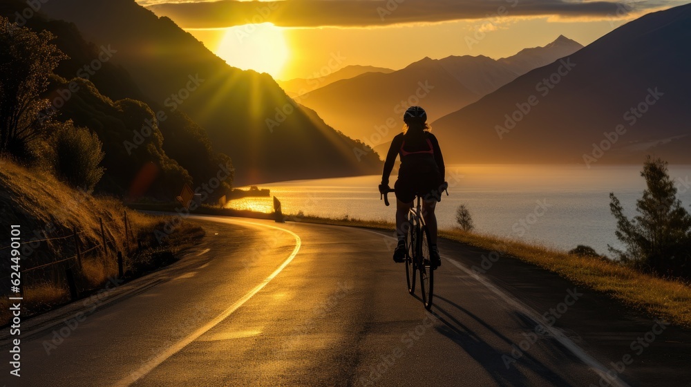 Woman cycling through beautiful scenic routes in early morning