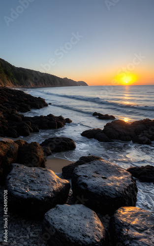Magical sunset summer landscape on the beach with scenic rocks in the foreground © Supriyanto