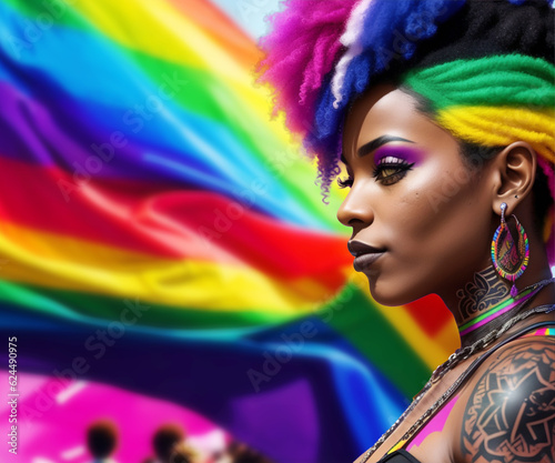 Black woman with colorful rainbow pride hair and makeup