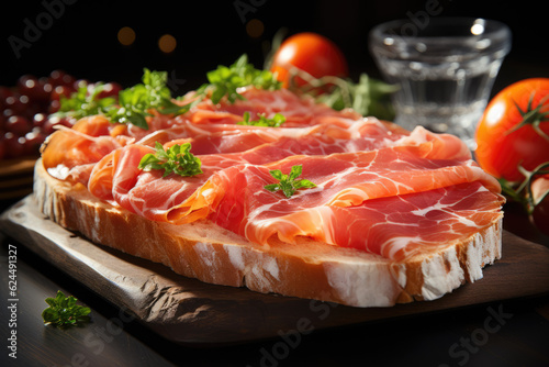 Delightful Slices of Jamon Accompanied by Tomato, Bread, Melon, and Salad. Ham Culinary Art Concept