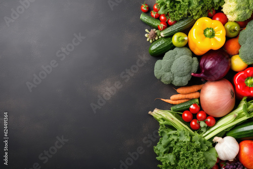 Fresh vegetables on black background. Variety of raw vegetables. Colorful various herbs and spices for cooking on dark background, copy space