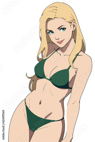 Sexy blonde girl in bikini swimwear summer illustration vector cartoon flat style isolated on white background.