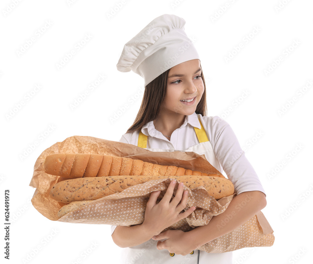 Little baker with fresh baguettes on white background Little baker with fresh baguettes on white background