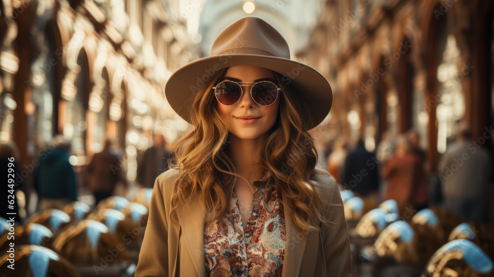  Elegant Woman with a Hat Takes a Leisurely Stroll Through European Streets, Immersing Herself in the Rich Architectural Heritage of the City