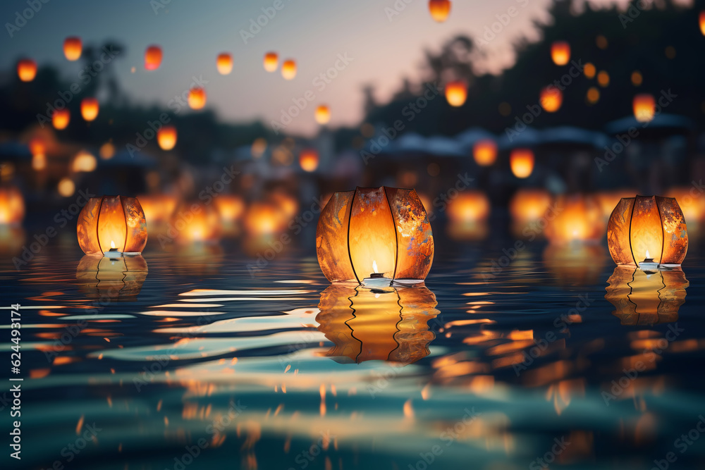 Paper lanterns float on dark water. Traditional Floating Lantern