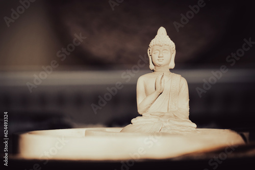 Small sunlit Buddha statue in front of a brown background