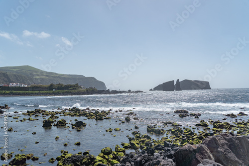 Black rocks in the middle of the sea at Sao Miguel island Azores. 