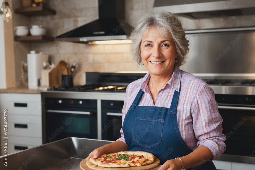 Portrait of a smiling happy senior italian woman cooks pizza on fire in the oven in a small pizzeria in the old Italian quarter. Concept of active age. Generative AI