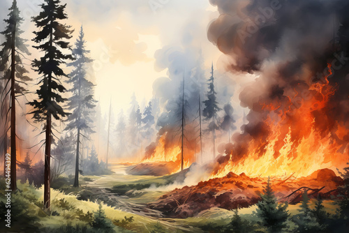 Coniferous Forest fire with fire and smoke. Generative AI illustration © colnihko