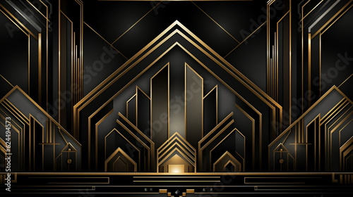 Abstract art deco. Great Gatsby 1920s geometric architecture background. Retro vintage black, gold, and silver roaring 20s texture, Generative Ai