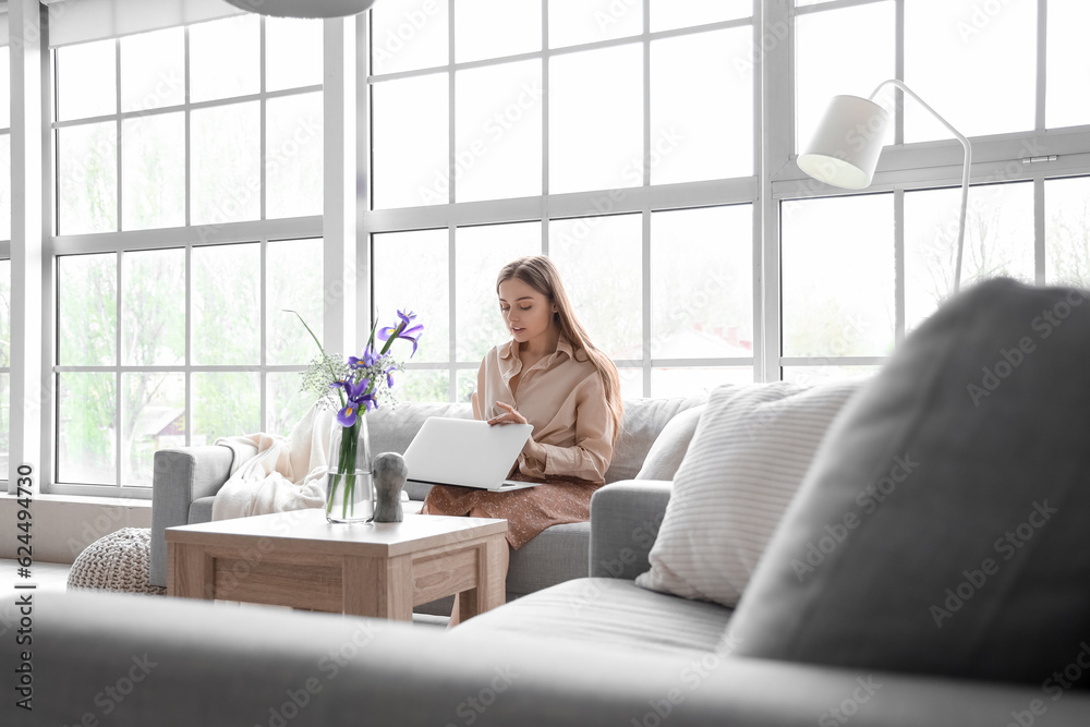 Pretty young woman sitting on grey sofa and using modern laptop in light living room Pretty young woman sitting on grey sofa and using modern laptop in light living room