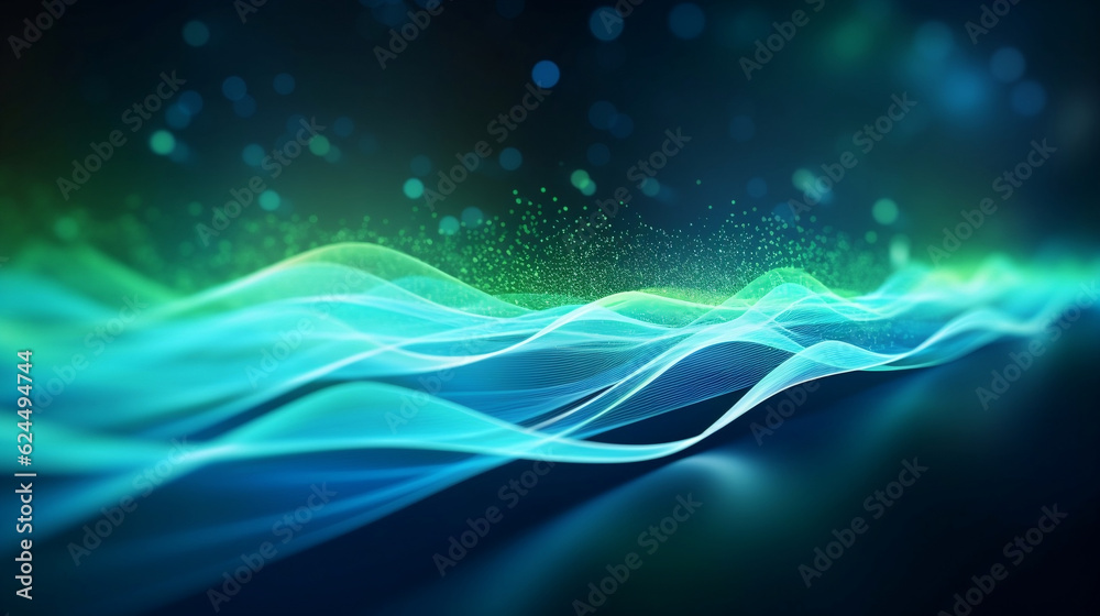 abstract futuristic background with green blue glowing neon moving high speed wave lines and bokeh lights. Data transfer concept Fantastic wallpaper, Generative Ai abstract futuristic background with green blue glowing neon moving high speed wave lines and bokeh lights. Data transfer concept Fantastic wallpaper, Generative Ai