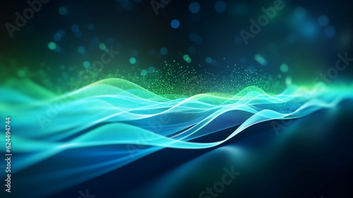 abstract futuristic background with green blue glowing neon moving high speed wave lines and bokeh lights. Data transfer concept Fantastic wallpaper, Generative Ai