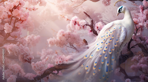 Beautiful white peacock with delicate feathers. Pink cherry blossom tree with ethereal bird. Spring flowers, Generative Ai