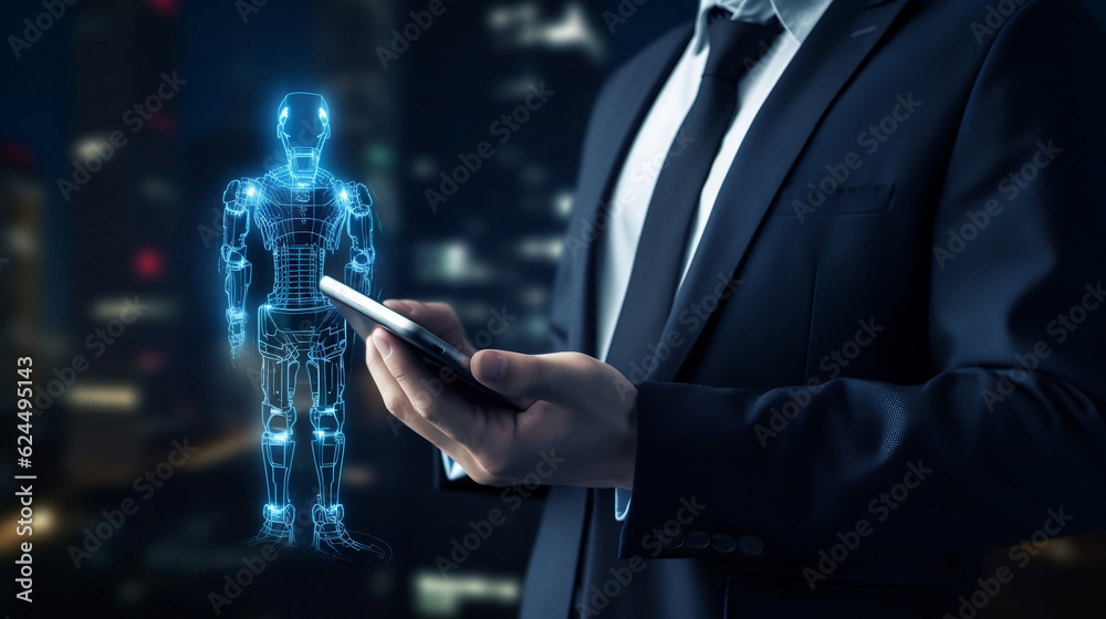 Businessman using smartphone to chatting by use chat Bot program for Artificial intelligence or AI technology concept, Generative Ai Businessman using smartphone to chatting by use chat Bot program for Artificial intelligence or AI technology concept, Generative Ai