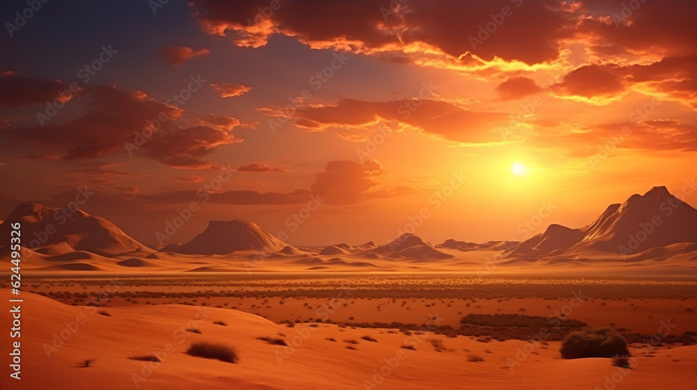 Naklejka premium Cinematic African landscape. Sahara grasslands. Sunrise over the desert plains. Safari views, Generative Ai