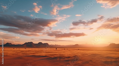 Cinematic African landscape. Sahara grasslands. Sunrise over the desert plains. Safari views, Generative Ai © oldwar