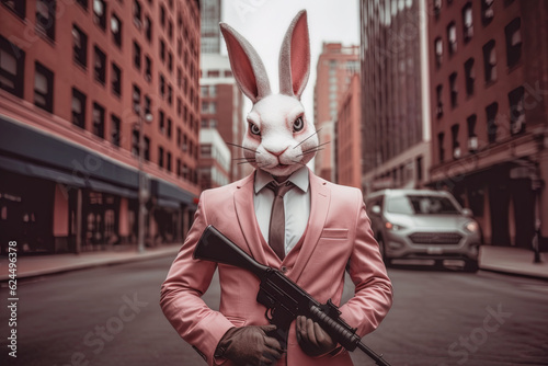 Gangster with a bunny mask in a pink suit with a machine gun