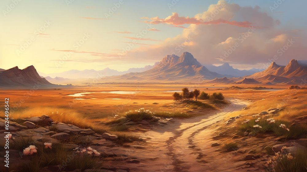 Pathway forward into a beautiful serene landscape. Horizon views over the rivers, mountains, deserts, and fields, Generative Ai