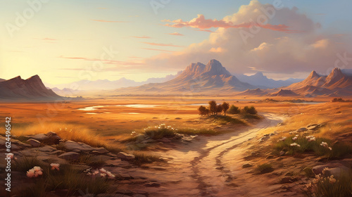 Pathway forward into a beautiful serene landscape. Horizon views over the rivers, mountains, deserts, and fields, Generative Ai