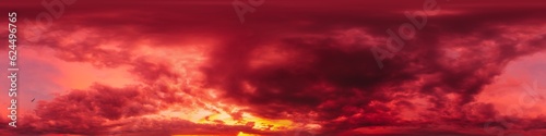 Dramatic sunset sky panorama with bright glowing red pink Cumulus clouds. HDR 360 seamless spherical panorama. Sky dome in 3D, sky replacement for aerial drone panoramas. Weather and climate change. © svetograph