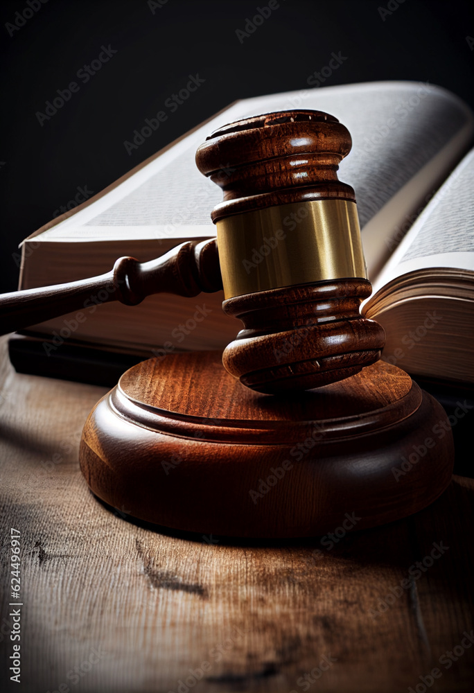 The judge's gavel lies near the book in the office on a wooden table. AI Generated The judge's gavel lies near the book in the office on a wooden table. AI Generated
