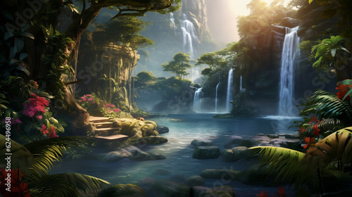 Tropical rainforest waterfall in the jungle landscape. Palm trees pond misty morning flowers and tropics, Generative Ai