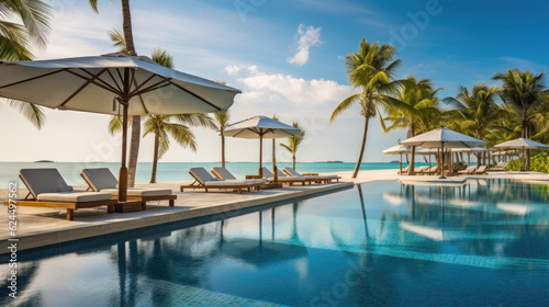 Luxurious swimming pool and loungers umbrellas near beach and sea with palm trees