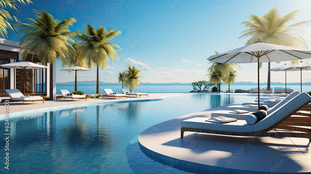 Luxurious swimming pool and loungers umbrellas near beach and sea with palm trees