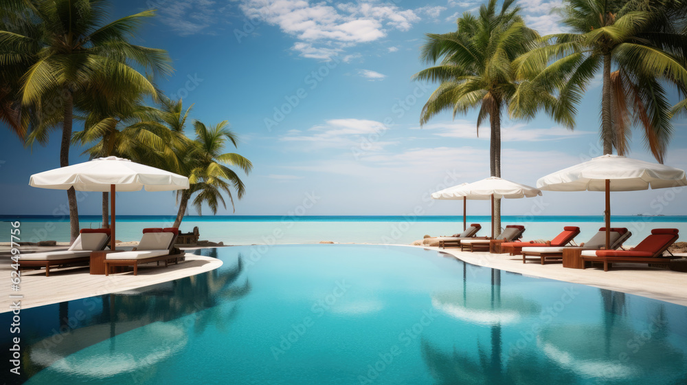 Luxurious swimming pool and loungers umbrellas near beach and sea with palm trees Luxurious swimming pool and loungers umbrellas near beach and sea with palm trees