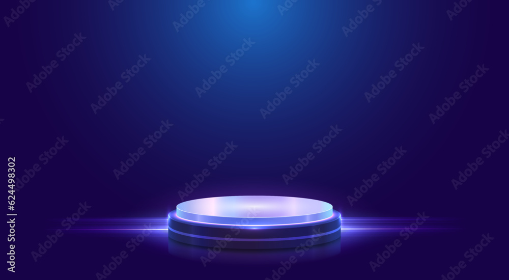 Cylinder podium with neon lights on dark blue background. Digital technology mockup scene, product display, stage showcase. Vector eps10. Cylinder podium with neon lights on dark blue background. Digital technology mockup scene, product display, stage showcase. Vector eps10.