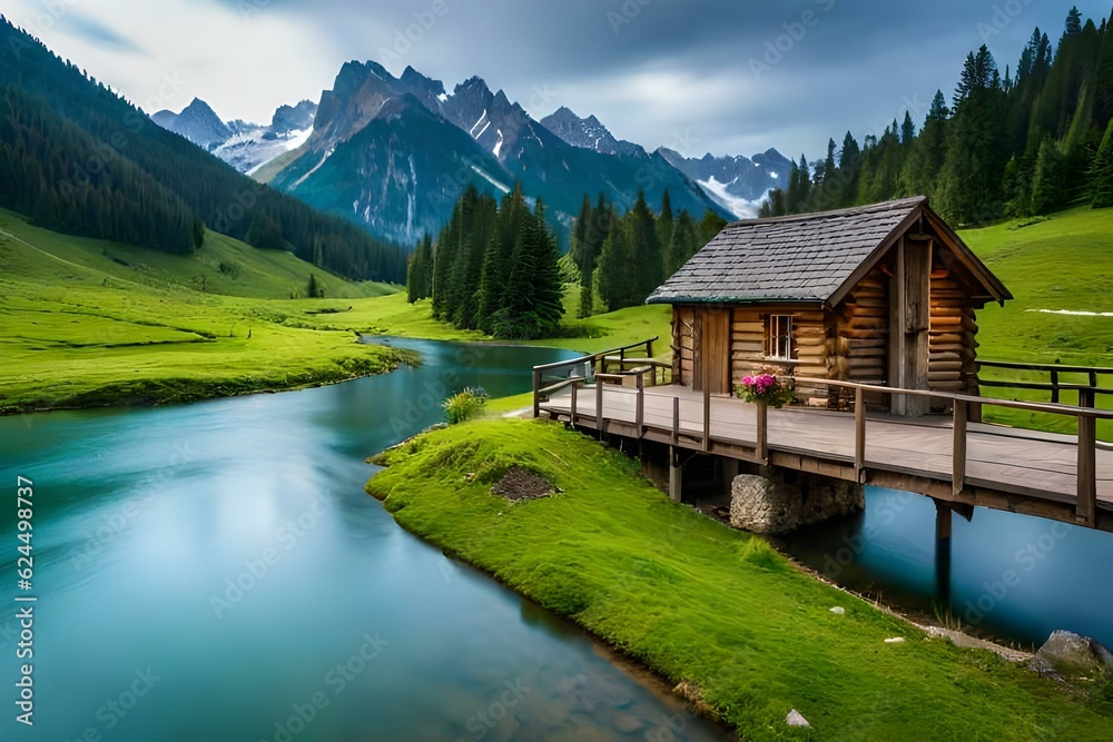 Naklejka premium lake in the mountains generated Ai.