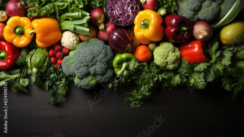 Fresh vegetables on black background. Variety of raw vegetables. Colorful various herbs and spices for cooking on dark background  copy space