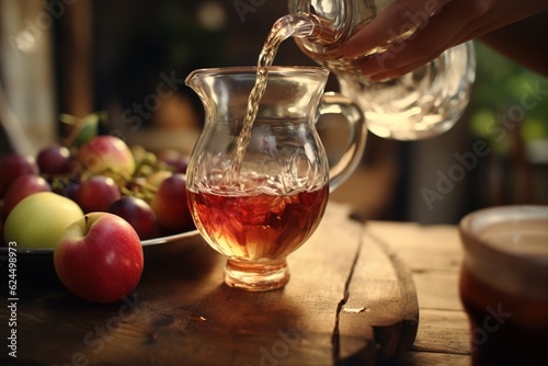 Tela Woman pouring grape apple juice from jug into glass.