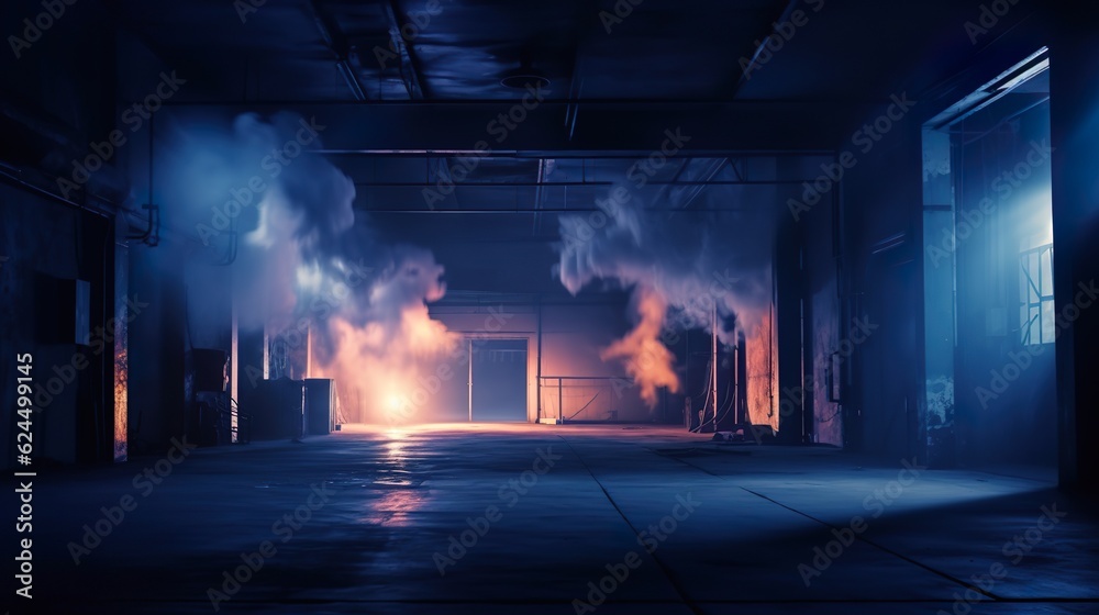 The concrete floor and studio room with smoke float up the interior texture for display products Dark street, asphalt abstract dark blue background