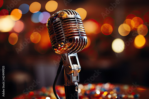 Retro style microphone. Vintage audio microphone. Music, karaoke, performance, radio, podcast, equipment concept