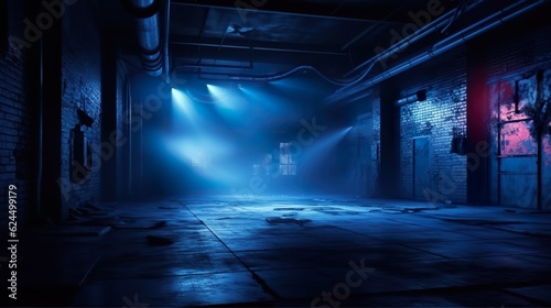 The concrete floor and studio room with smoke float up the interior texture for display products Dark street, asphalt abstract dark blue background photo
