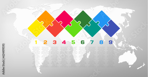 Nine piece line infographic jigsaw puzzle process